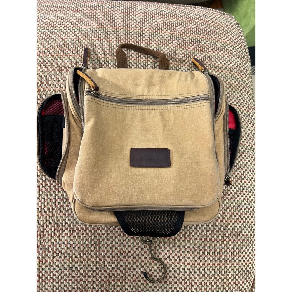 LL Bean Hanging Toiletry Bag Tan Canvas Buffalo Plaid Travel Organizer Pouch